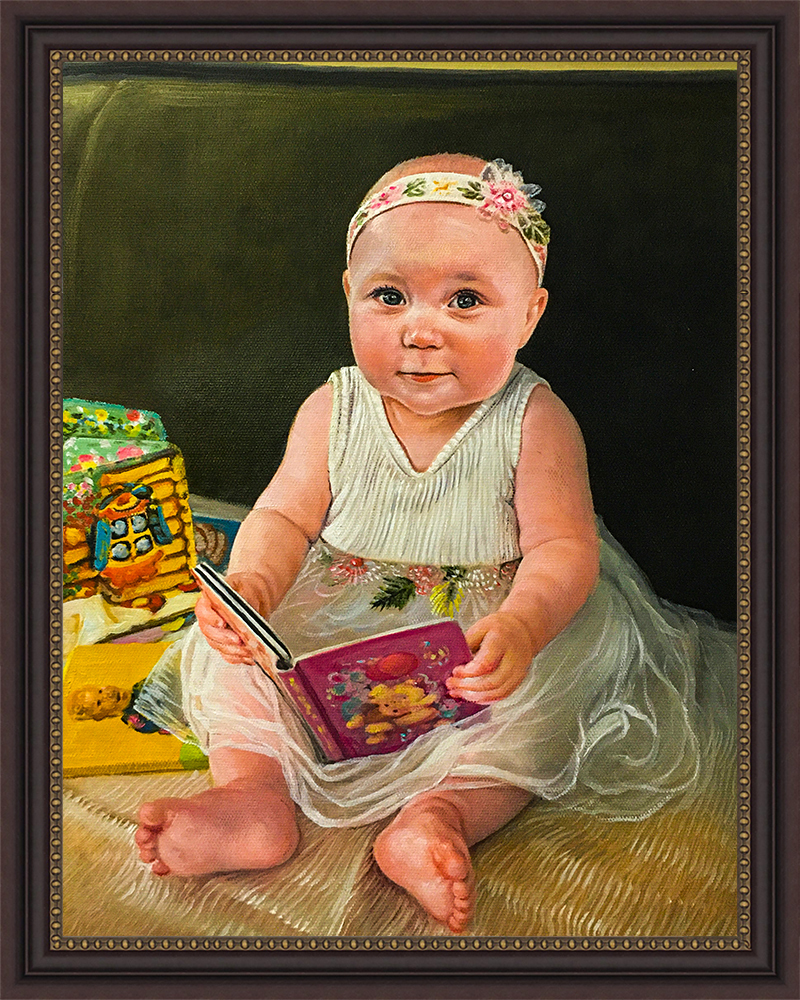 Oil painting of baby girl in white dress reading a book